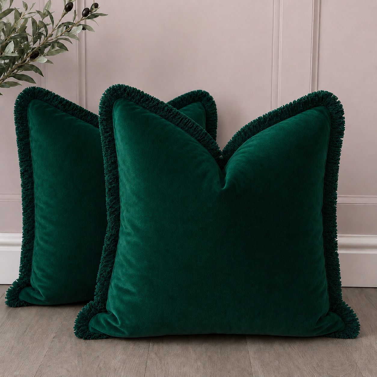 Emerald Plush Velvet Cushion Cover with Deep Green Fringe