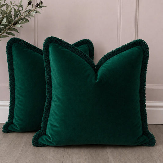 Emerald Plush Velvet Cushion Cover with Deep Green Fringe