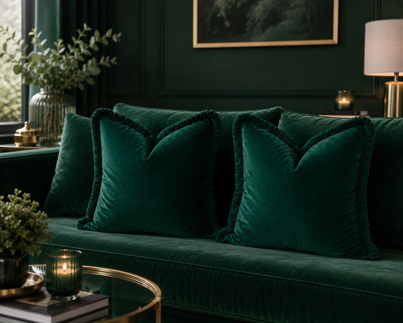 Emerald Plush Velvet Cushion Cover with Deep Green Fringe