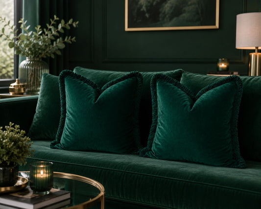 Emerald Plush Velvet Cushion Cover with Deep Green Fringe