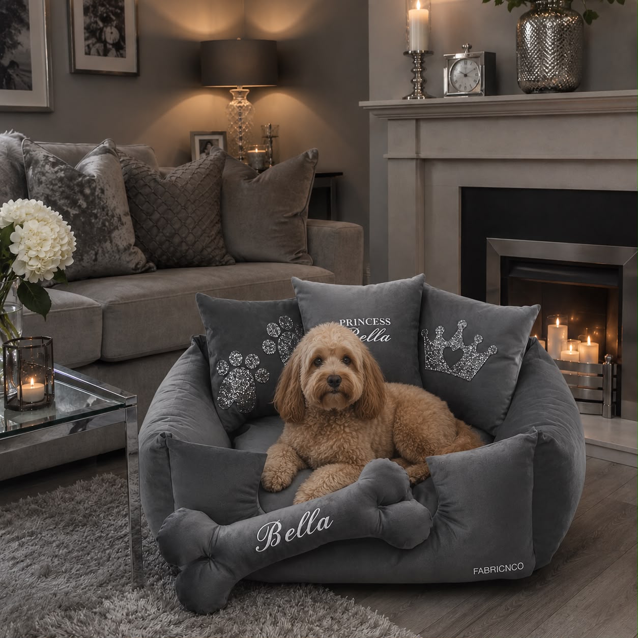 Grey Plush Personalised Dog Bed With Bone Cushion (All Sizes)