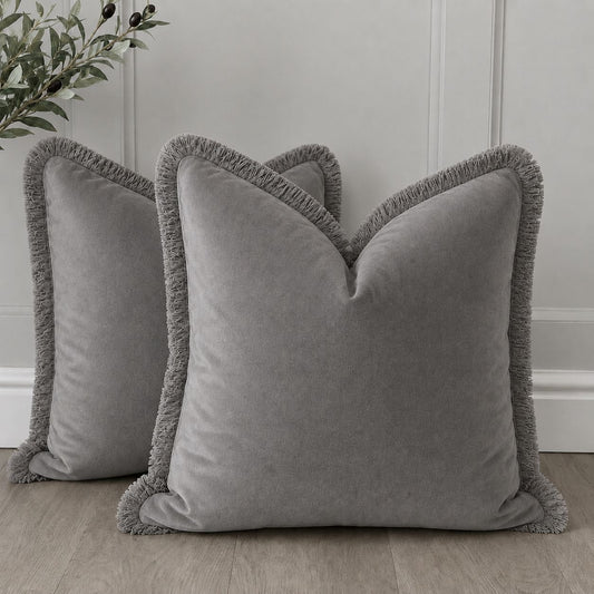 Grey Plush Velvet Cushion Cover with Frey Fringe