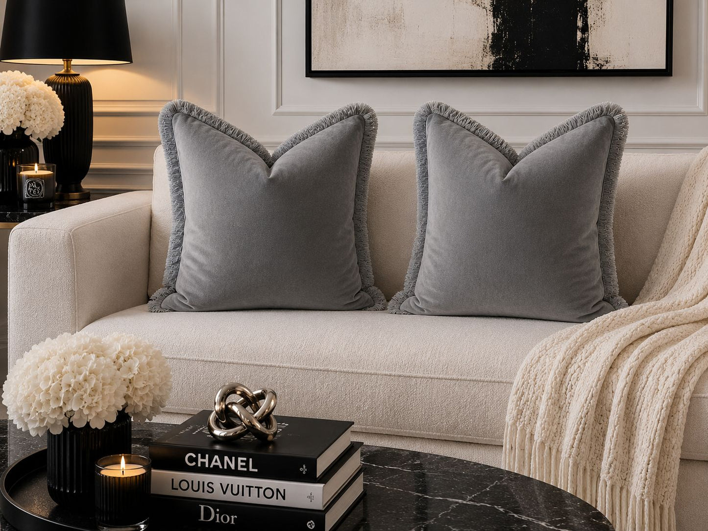 Grey Plush Velvet Cushion Cover with Frey Fringe