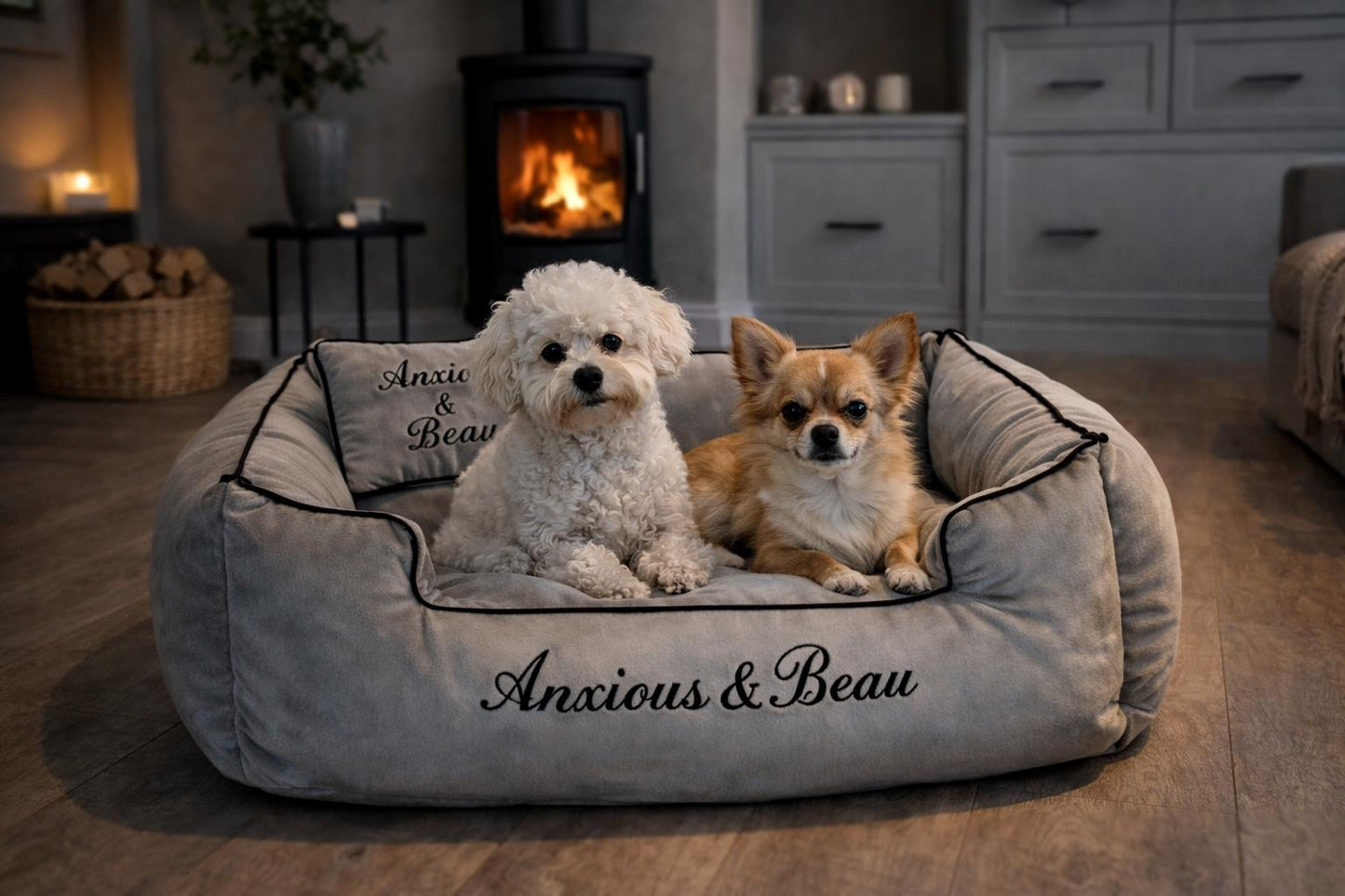 Grey Plush Dog Bed With Black Piping - With Personalisation