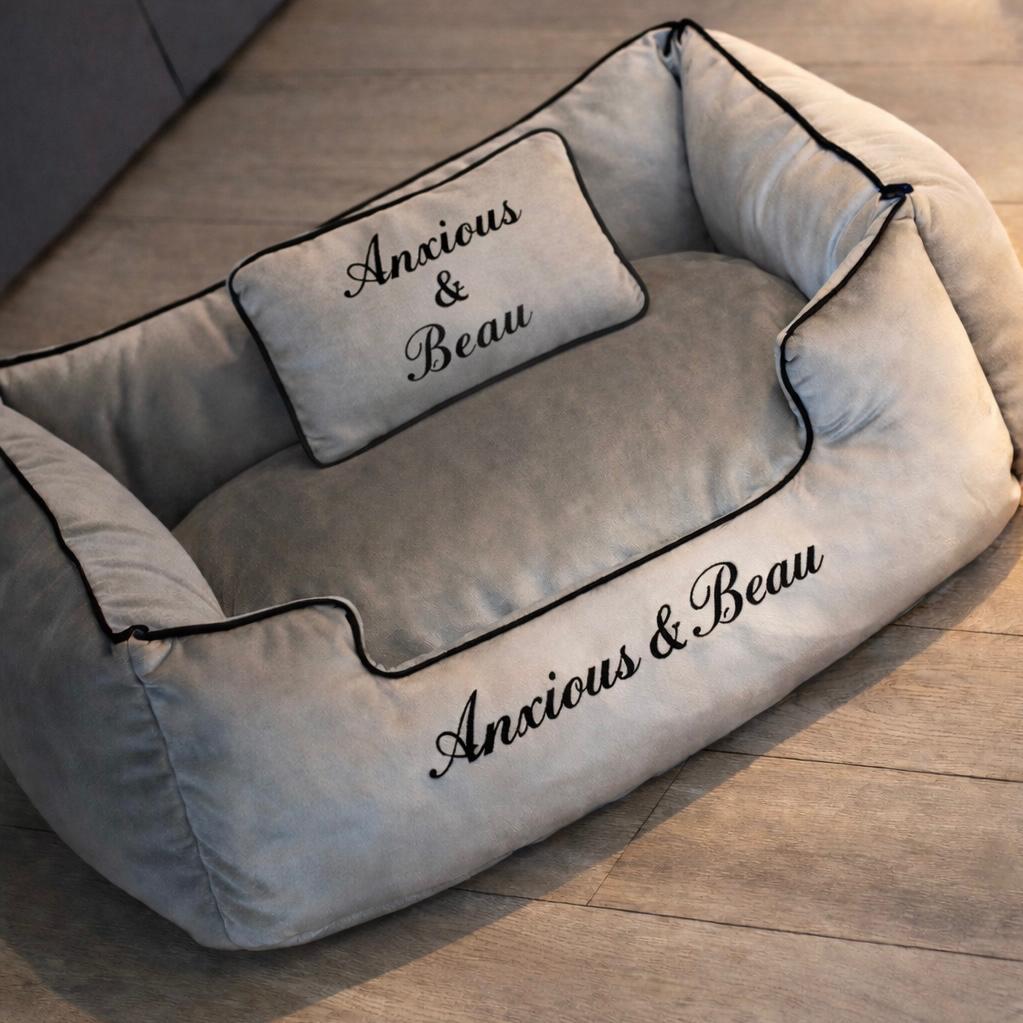 Grey Plush Dog Bed With Black Piping - With Personalisation