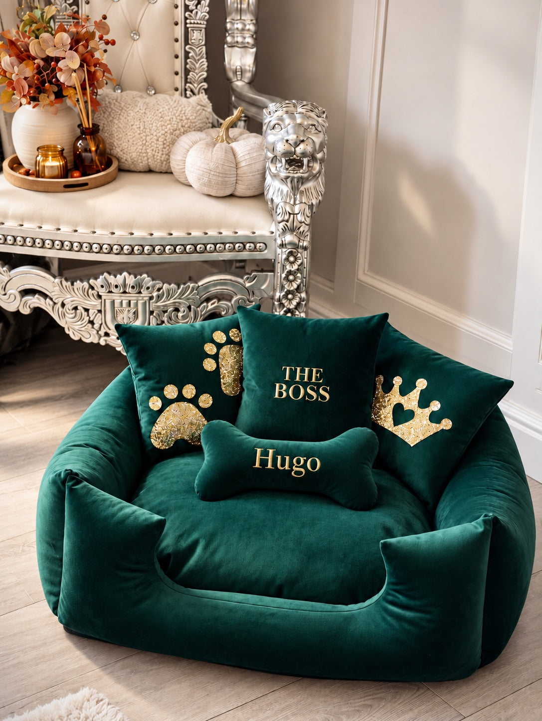 Emerald & Gold Bone Plush Dog Bed - With Personalisation