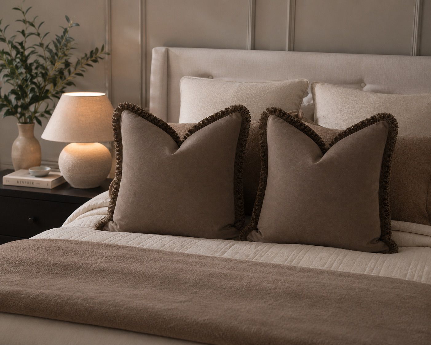 Mink Plush Velvet Cushion Cover with Coffee Fringe