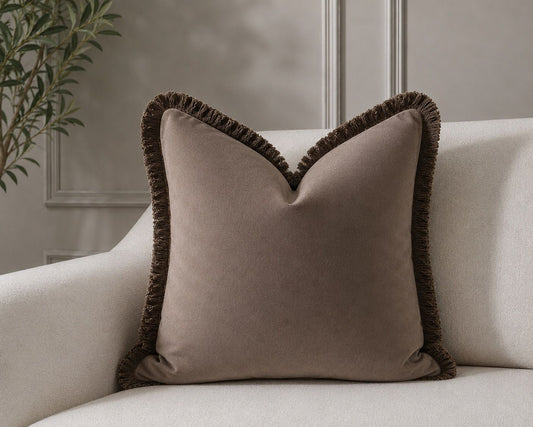 Mink Plush Velvet Cushion Cover with Coffee Fringe