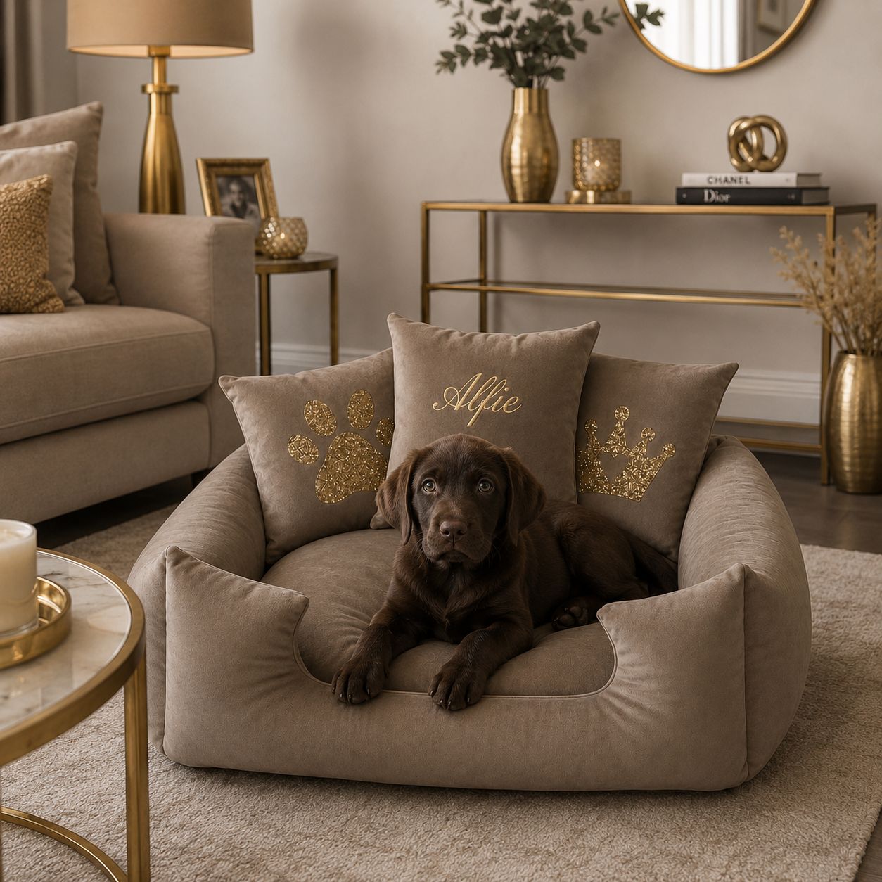 Mink and Gold Plush Dog Bed - With Personalisation