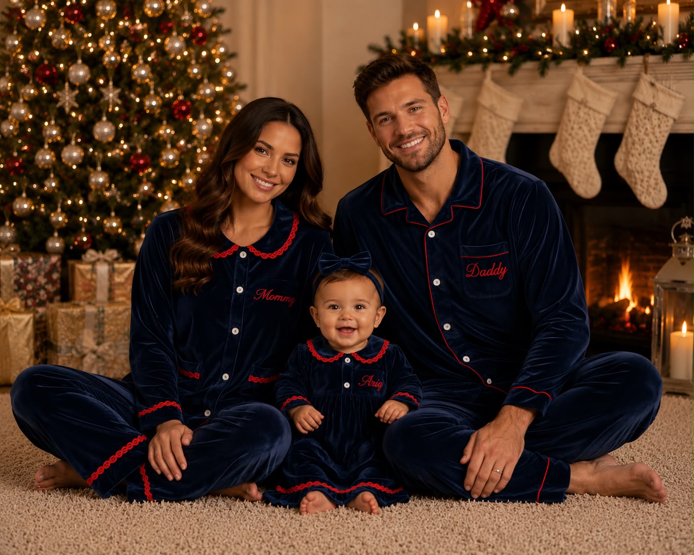 Navy Blue Personalised Velvet Christmas Pyjamas - Adults