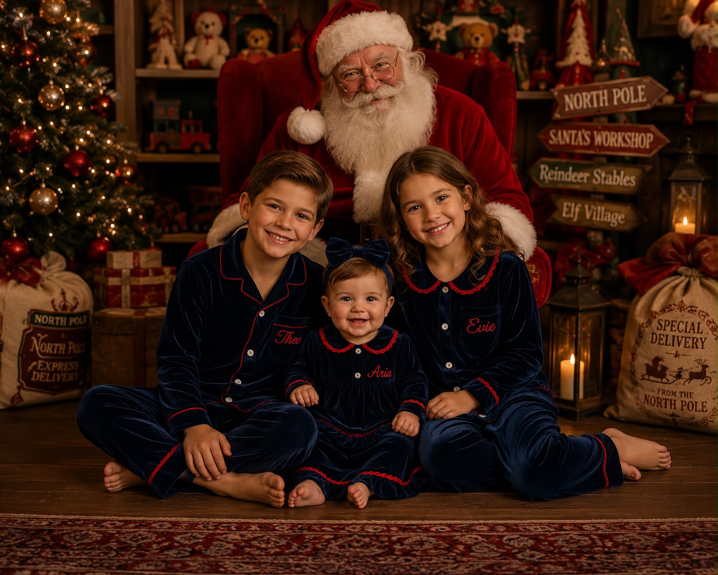 Navy Blue Personalised Velvet Christmas Pyjamas - Kids