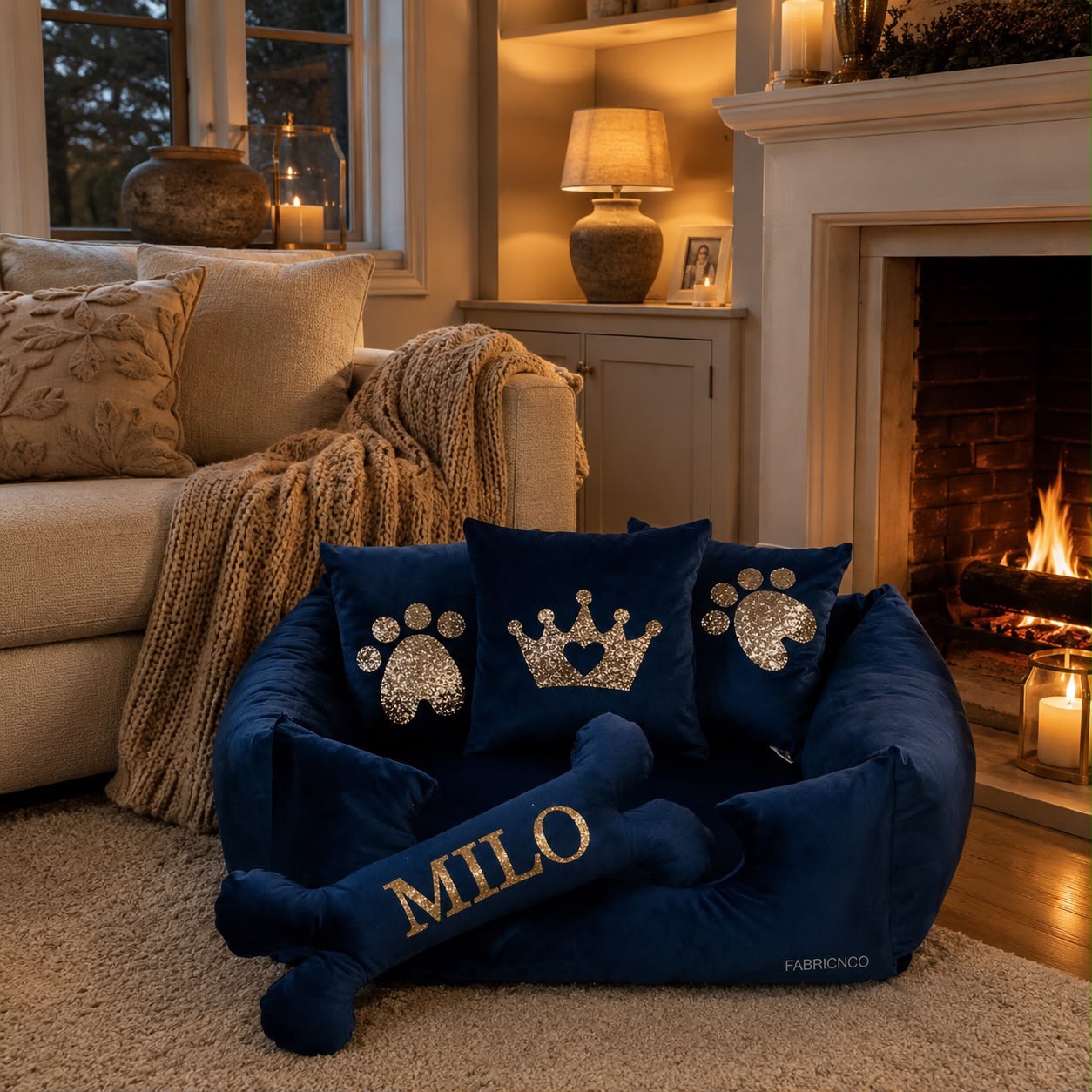 Navy & Gold Personalised Dog Bed With Bone Cushion (All Sizes)