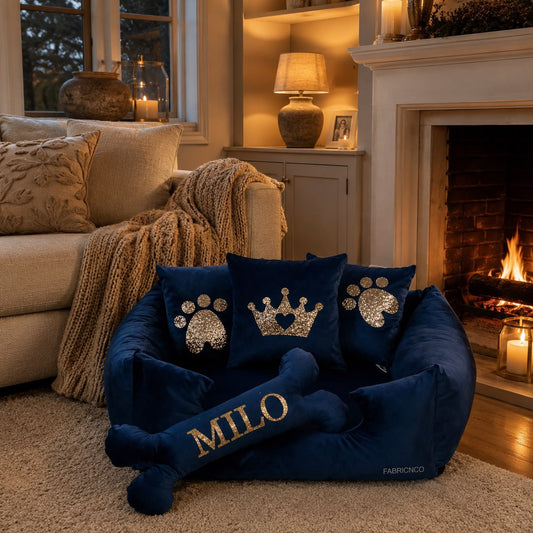 Navy & Gold Personalised Dog Bed With Bone Cushion (All Sizes)