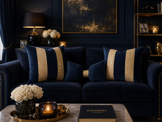 Navy & Gold Glitter Plush Cushions with Bow (Set of 3)