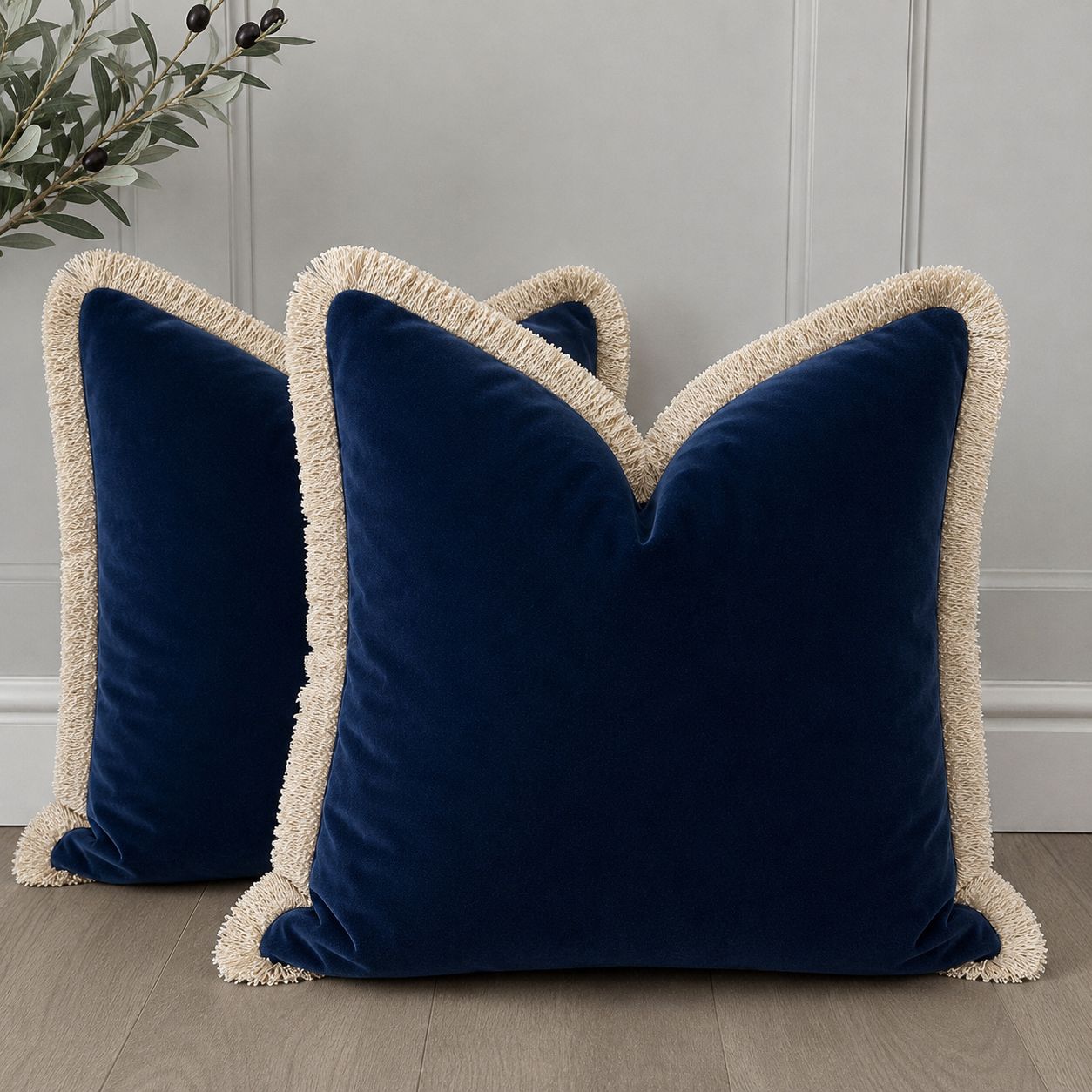 Navy Plush Velvet Cushion Cover with Cream Fringe