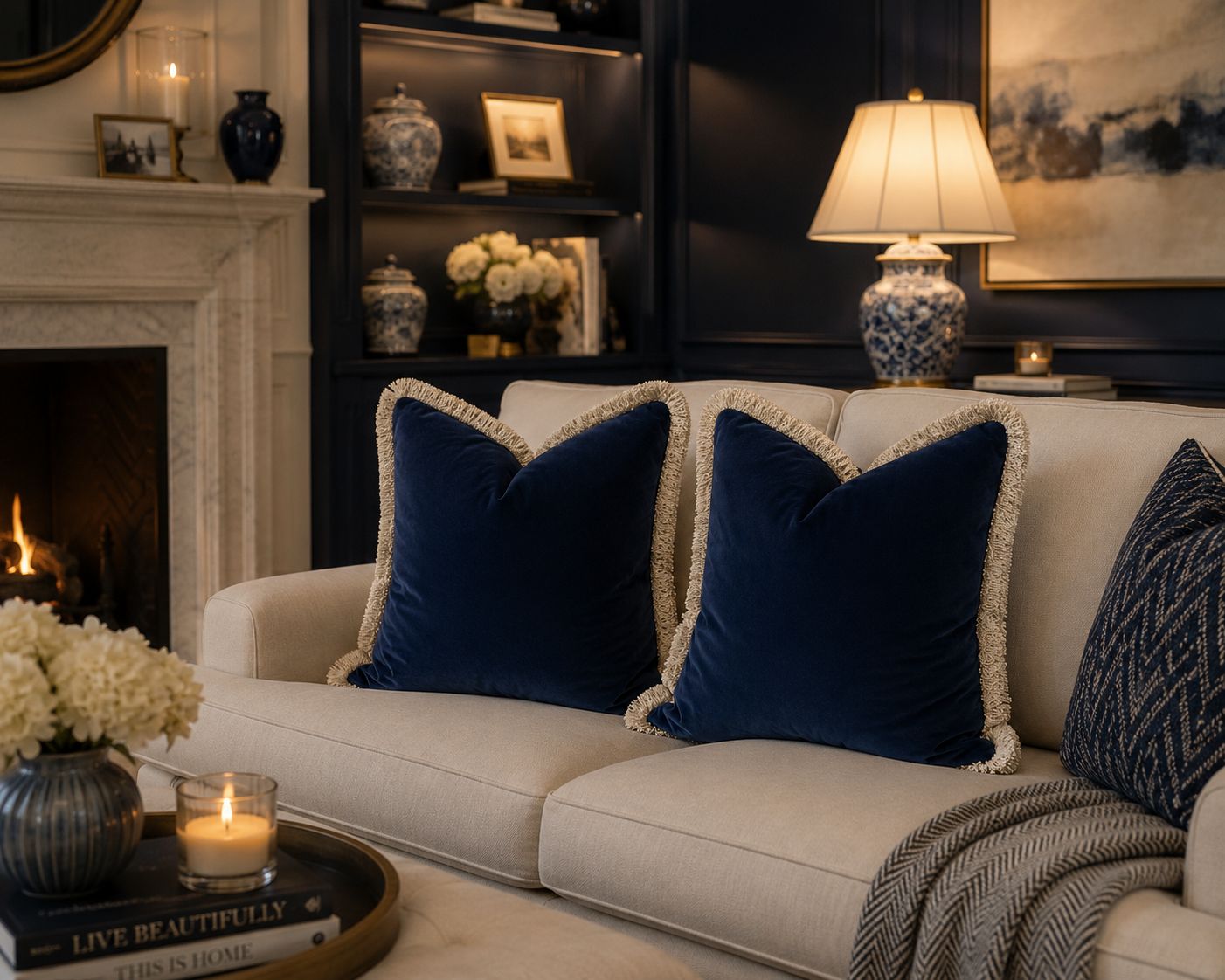 Navy Plush Velvet Cushion Cover with Cream Fringe