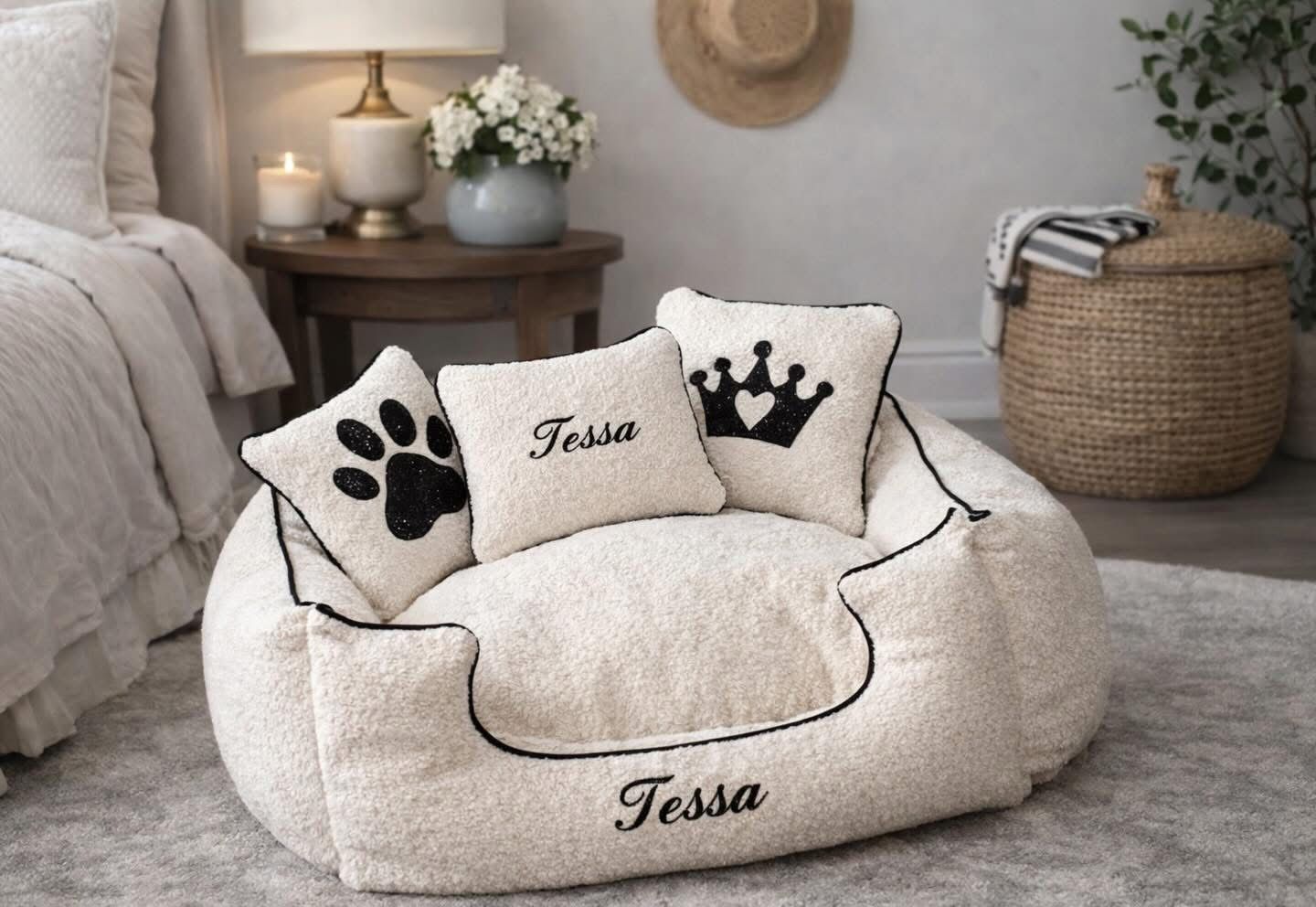 Cream Boucle Dog Bed with Black Piping - With Personalisation