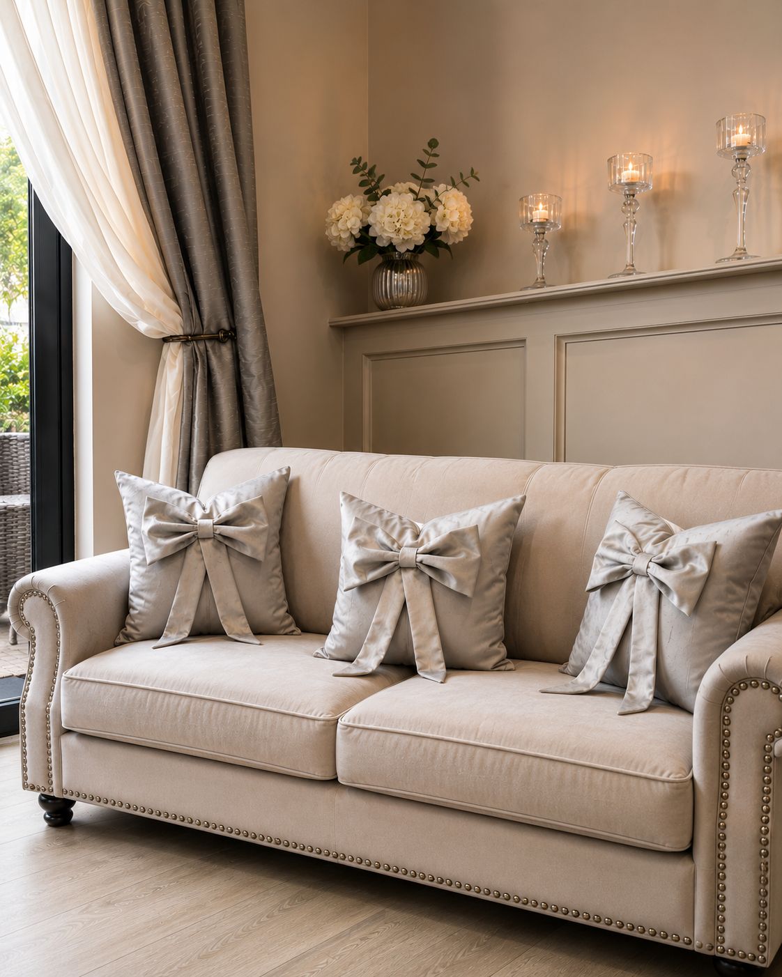 Silver Plush Bespoke Cushion With Bow Detail