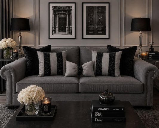 Silver & Black Glitter Plush Cushions with Bow (Set Of 3)