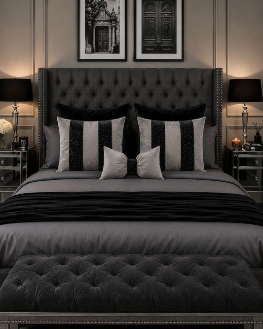 Silver & Black Glitter Plush Cushions with Bow (Set Of 3)
