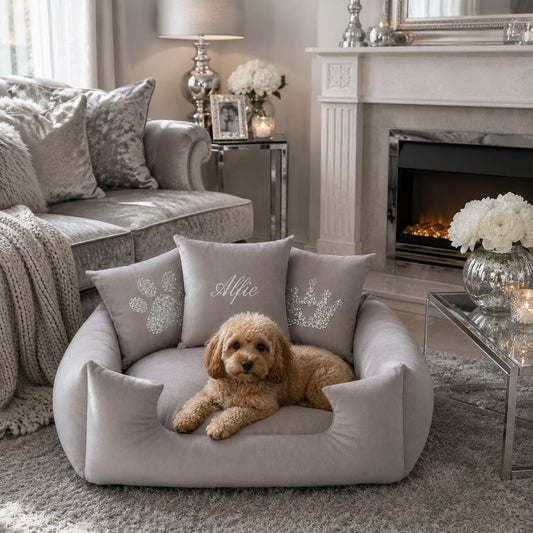 Silver Plush Dog Bed - With Personalisation