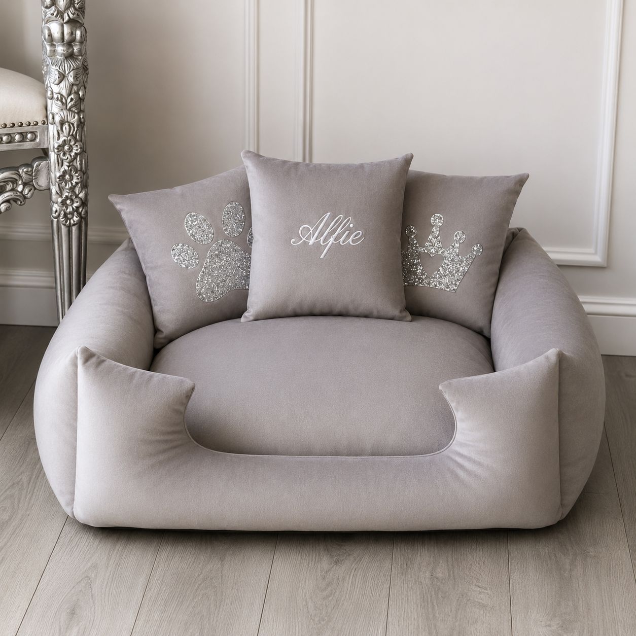 Silver Plush Dog Bed - With Personalisation