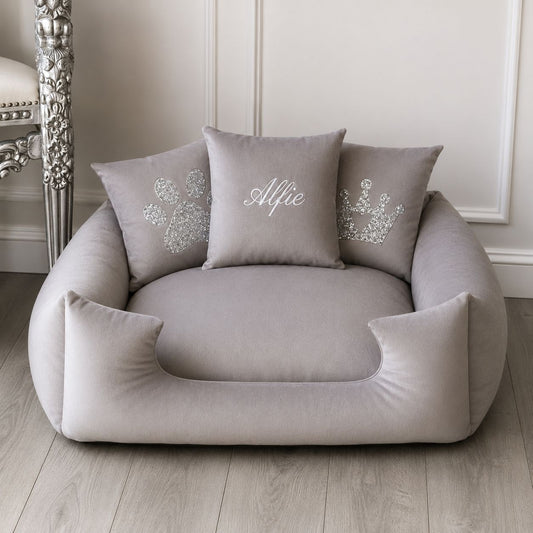 Silver Plush Dog Bed - With Personalisation