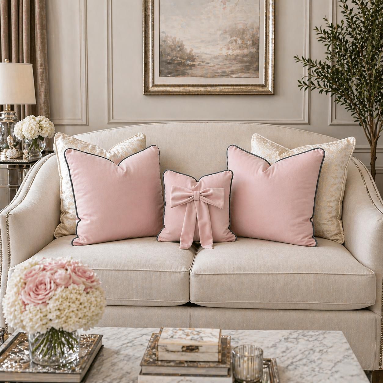 Soft Pink Plush Cushion Set With Grey Piping (Set of 3)