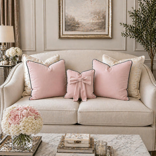 Soft Pink Plush Cushion Set With Grey Piping (Set of 3)