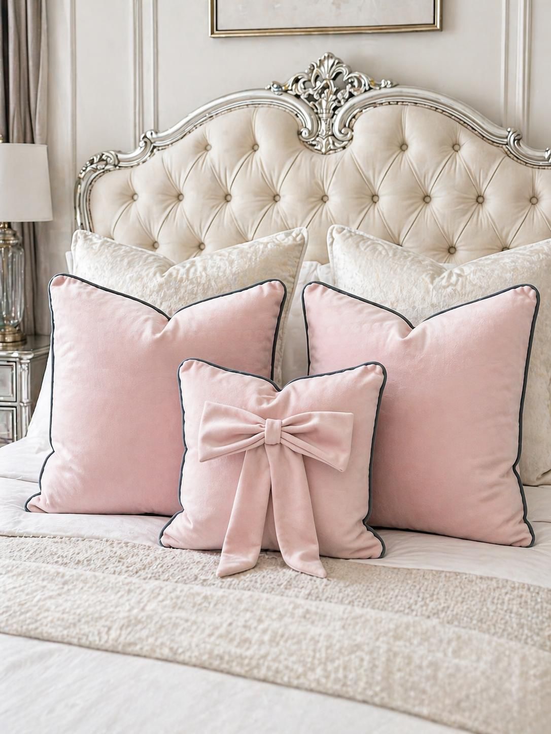 Soft Pink Plush Cushion Set With Grey Piping (Set of 3)