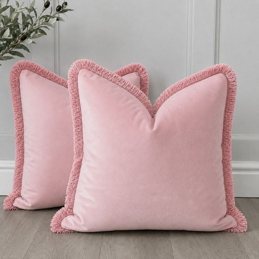 Soft Pink Plush Velvet Cushion Cover with Pink Fringe