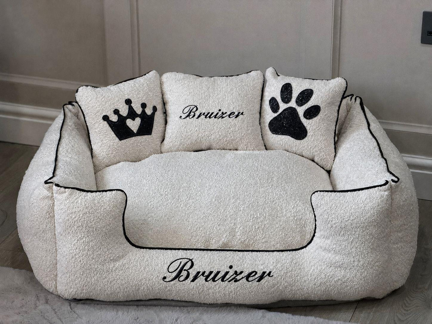 Cream Boucle Dog Bed with Black Piping - With Personalisation