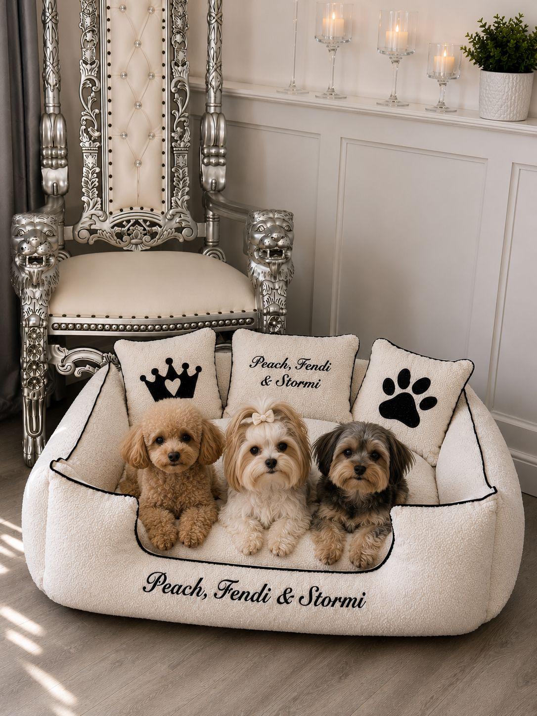 Cream Boucle Dog Bed with Black Piping - With Personalisation
