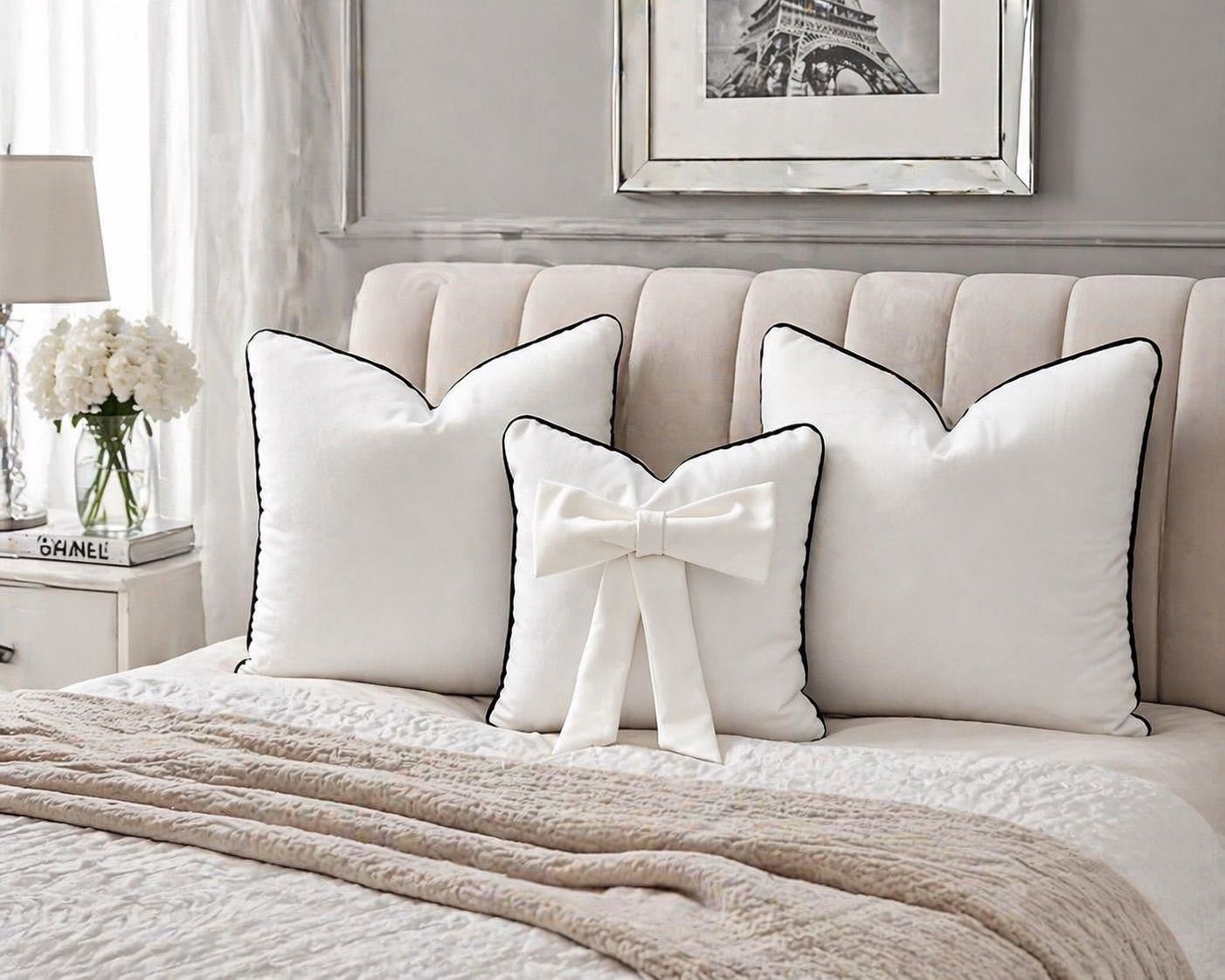 White Plush Cushion Set With Black Piping (Set Of 3)