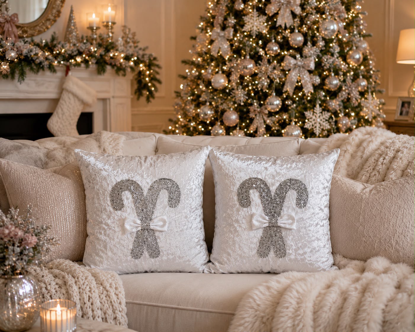 White & Silver Candy Cane Bow Cushion