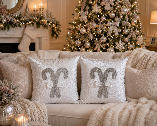 White & Silver Candy Cane Bow Cushion