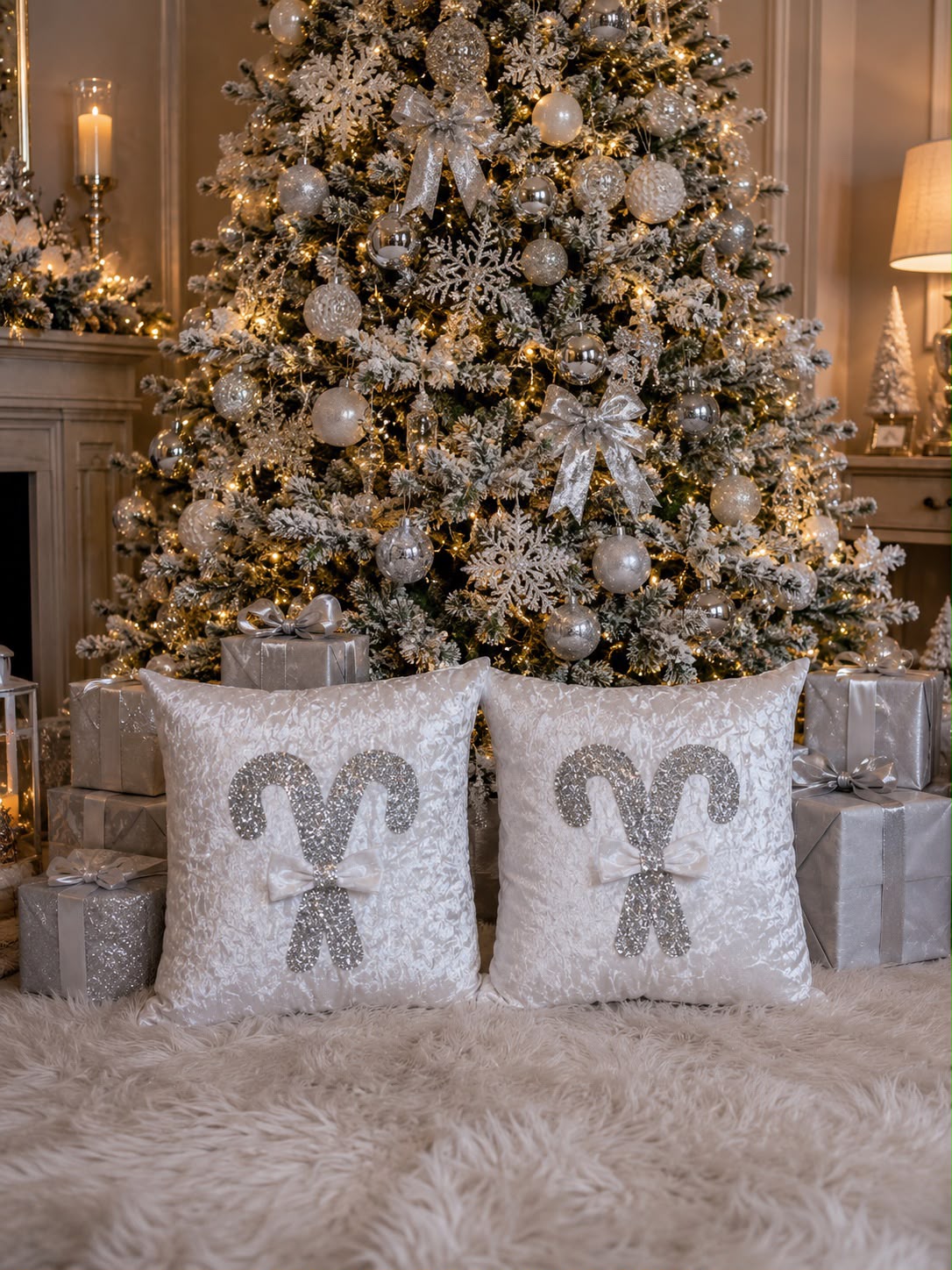White & Silver Candy Cane Bow Cushion