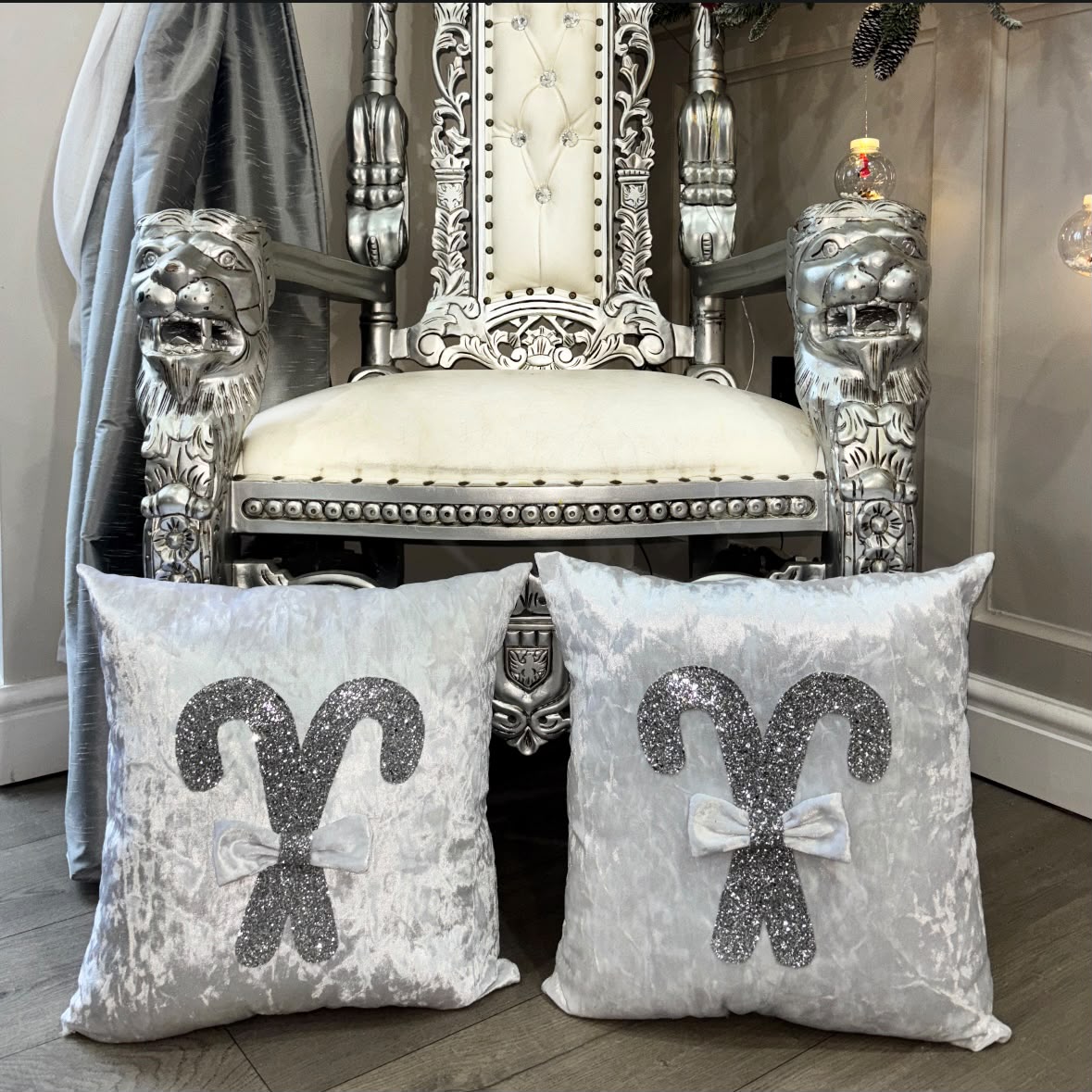 White & Silver Candy Cane Bow Cushion