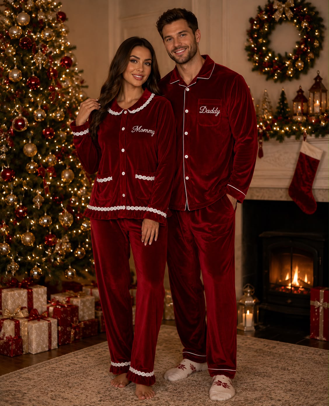 Red Personalised Velvet Christmas Pyjamas - Adult