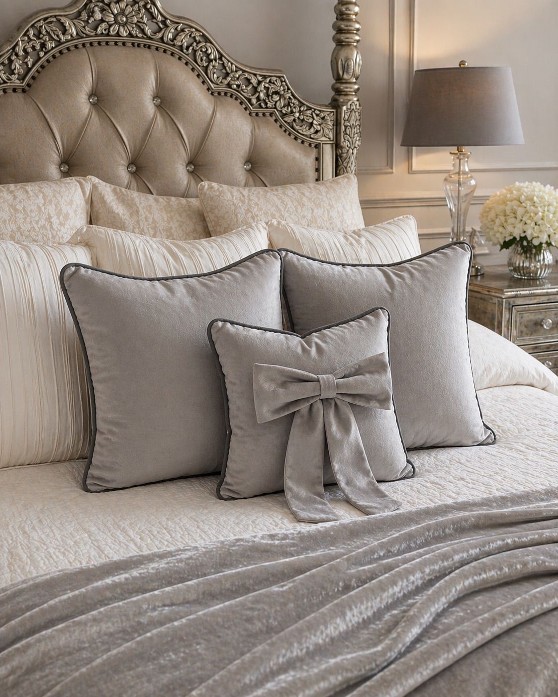 Silver Plush Cushion Set With Grey Piping (Set Of 3)