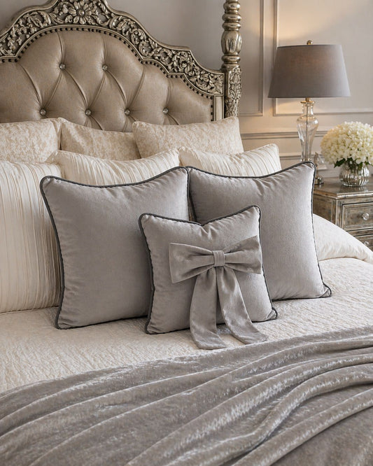 Silver Plush Cushion Set With Grey Piping (Set Of 3)