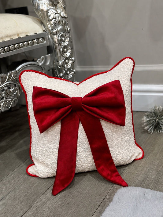 Cream Bouclé Bow Cushion With Red Piping