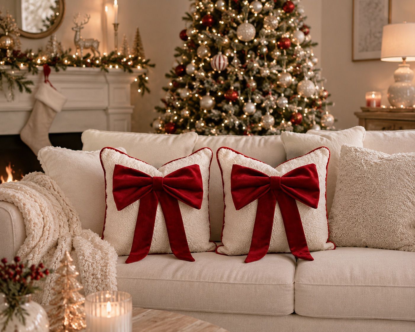 Cream Bouclé Bow Cushion With Red Piping